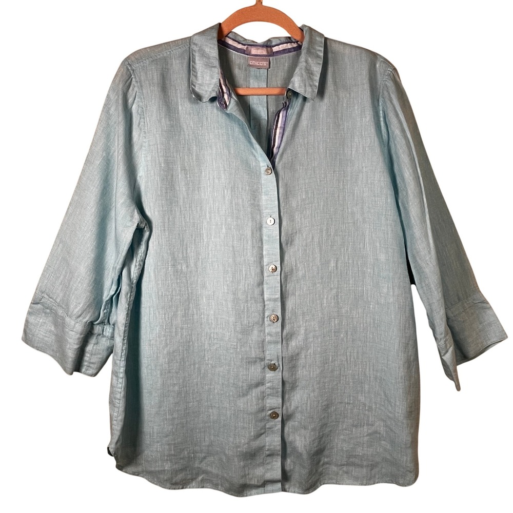 Chico's No Iron‎ 100% Linen Button Down Shirt Light Blue Size 3 XL Breathable